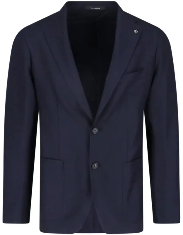 Blue Single-breasted Blazer With Premium Virgin Wool And Decorative Charm
