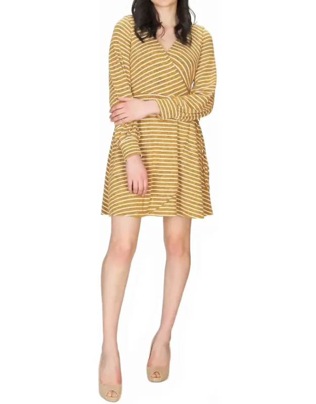 Striped Wrap Style Bishop Sleeve Dress