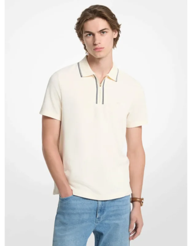 Textured Stretch Cotton Zip-up Polo Shirt