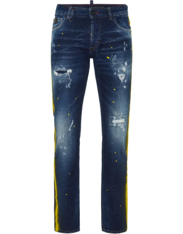 5-pocket Super Straight Cut Jeans With Used Effect Denim And Single Metal Button