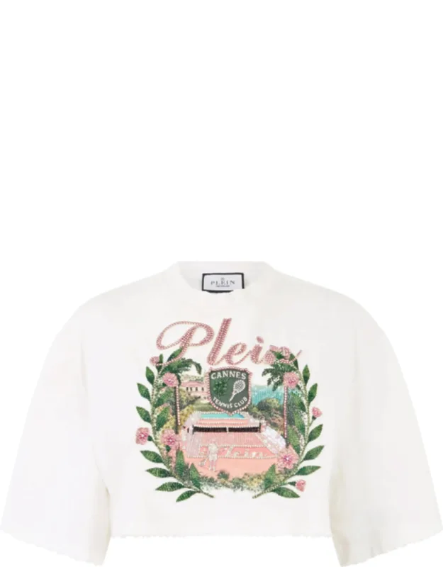 _cropped T-shirt Cannes Tennis Club With Rhinestones And Raw-cut Edges_