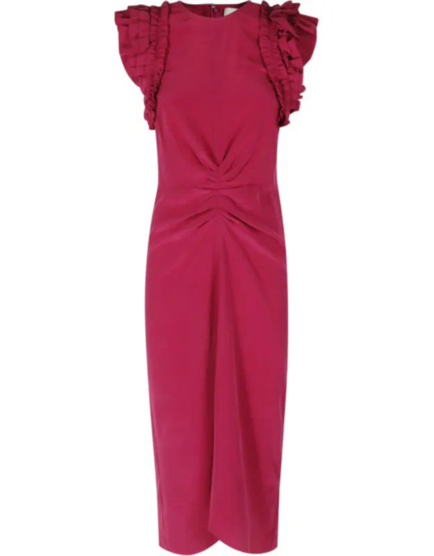 Ruffled-sleeve Fitted Silk Midi Dress