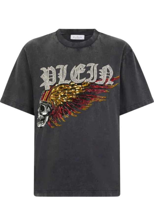 Washed Round Neck T-shirt With Stone Washed Cotton Jersey And Rhinestoned Eagle Skull