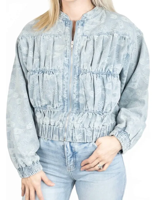 Paisley Ruched Denim Bomber Jacket
