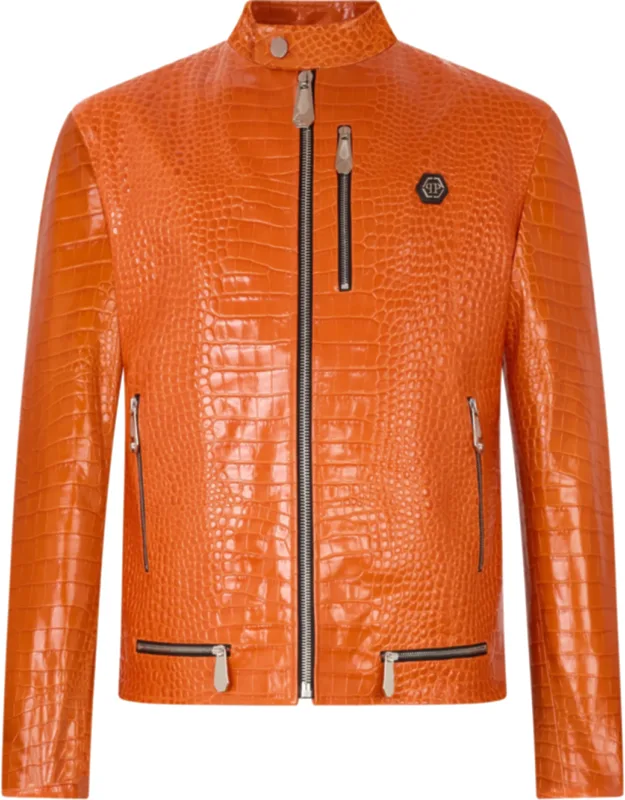 Leather Moto Jacket With Croco-print Leather And Shaped Stitching