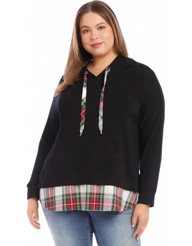 Contrast Plaid Hem Hoodie