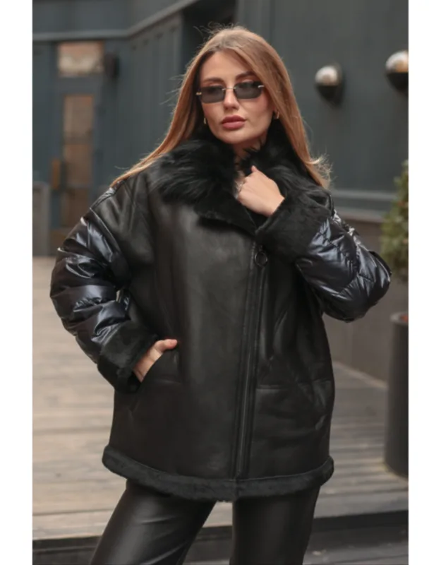 Genuine Lamb Leather Fox Fur Coat