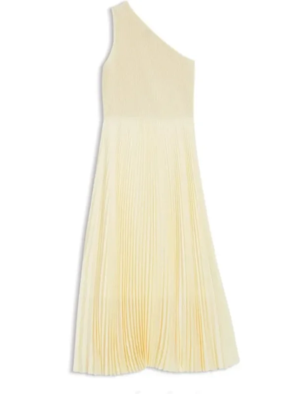 Rib-knit One-shoulder Dress With Pleated Skirt