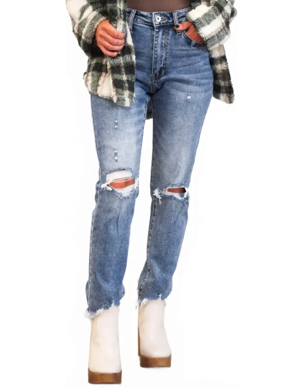 Distressed Mid Rise Straight Leg Jeans
