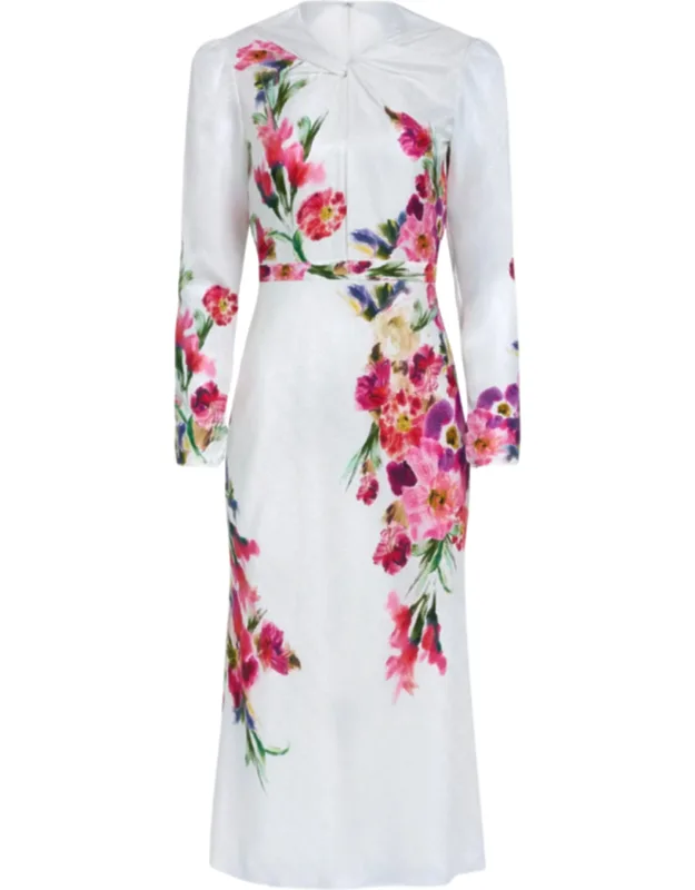 Claudia Teardrop Knot Floral Printed Silk Midi Dress