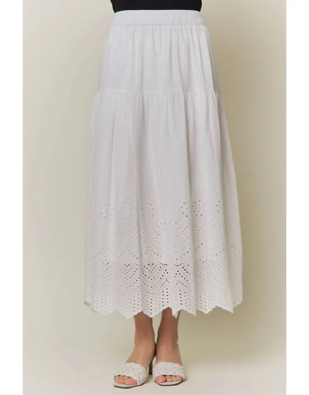 Tiered Eyelet Scalloped Midi Skirt