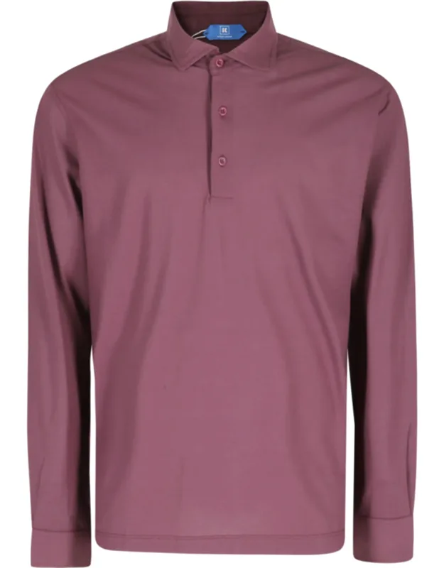 Buttoned Side Slits Cotton Long Sleeve Polo Shirt