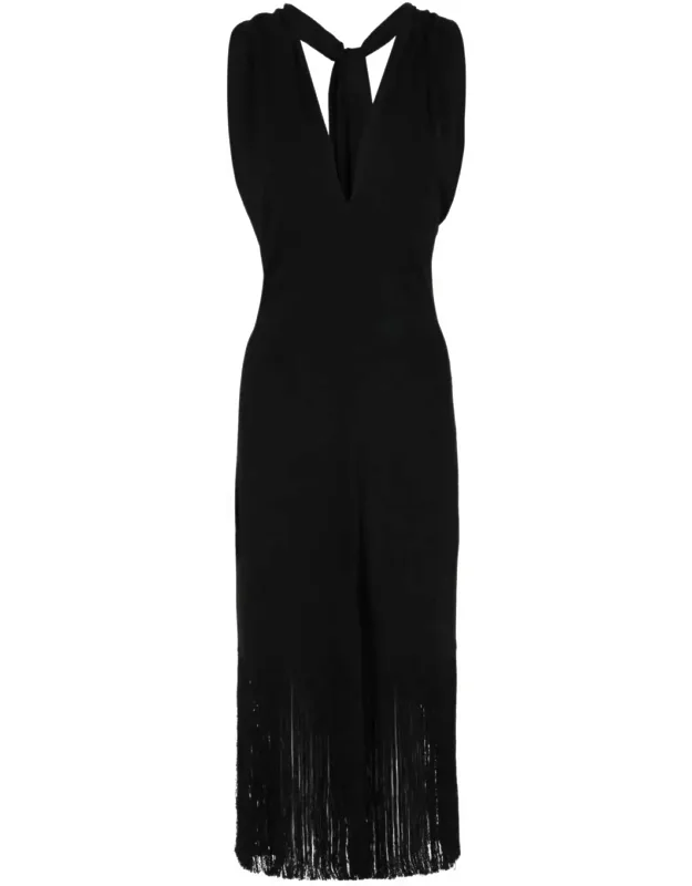Plunging Sleeveless Fringe-hem Midi Dress