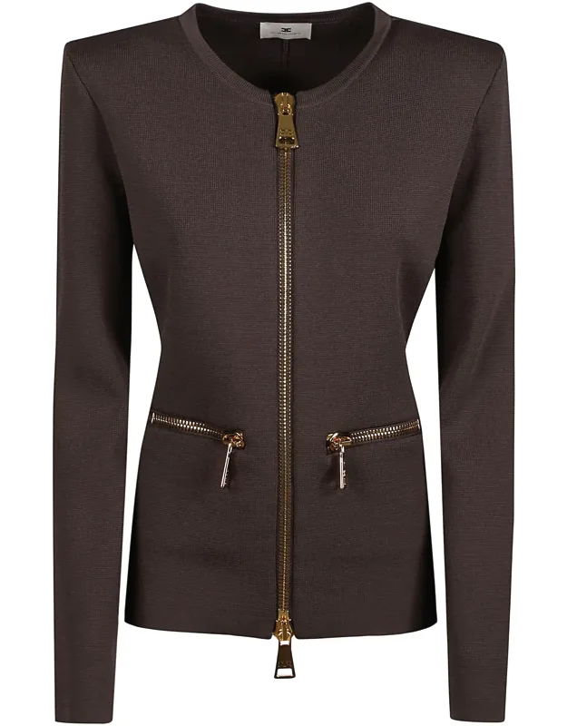 Fitted Long Sleeve Sweater With Full Zip Closure And Structured Shoulders