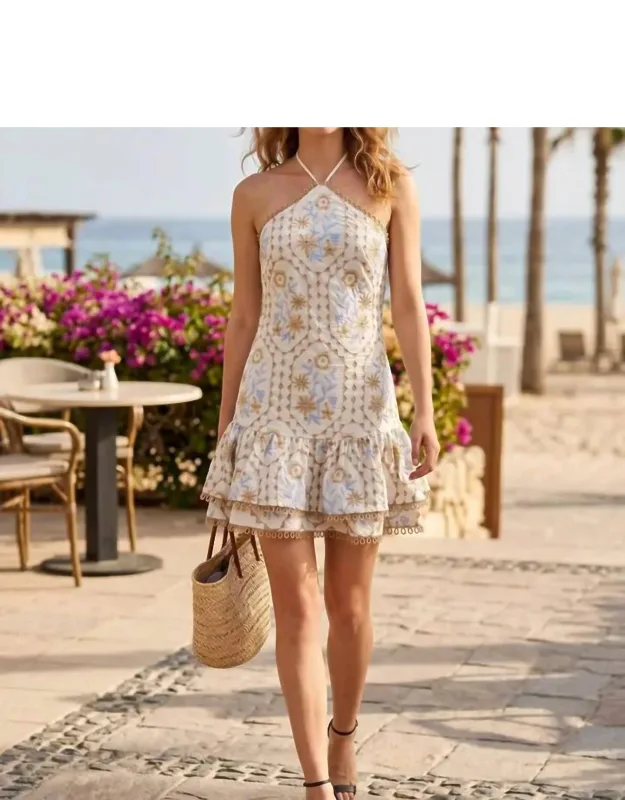 Embroidered Mini Dress With Halter Neck