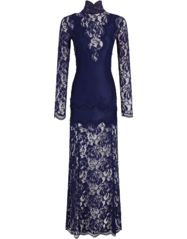 High Neck Lace Scalloped Hem Evening Dress