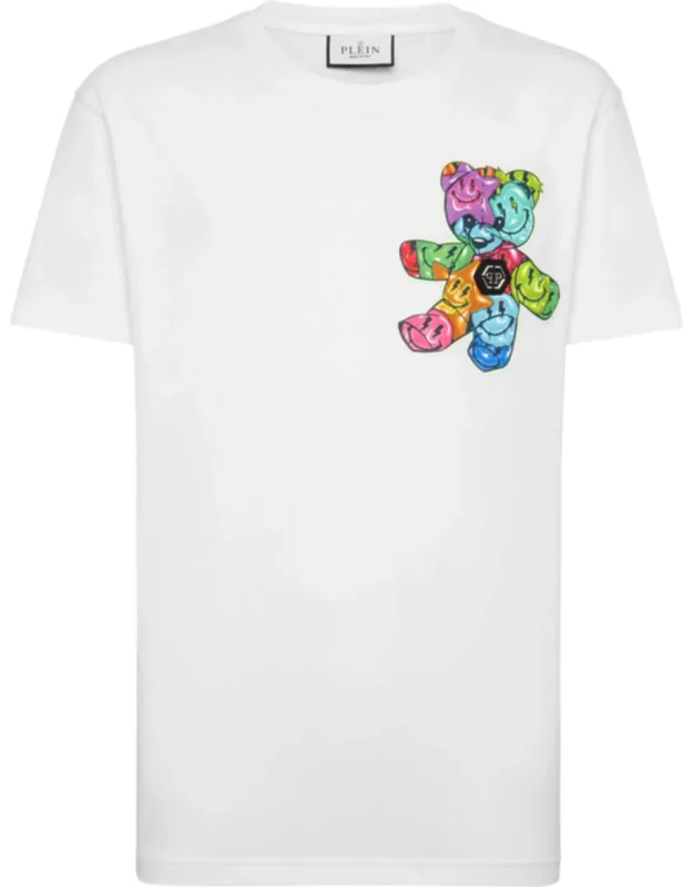 T-shirt Round Neck Ss With Holographic Foil-printed Teddy Bear And Rib Knit Neckline