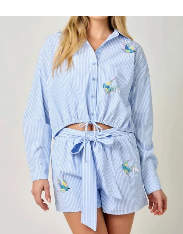 Poplin Pinstripe Hummingbird Sequin Shirt