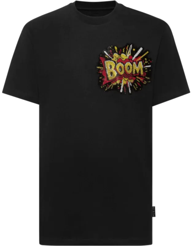 Round Neck T-shirt With Rhinestones And Rib Knit Neckline