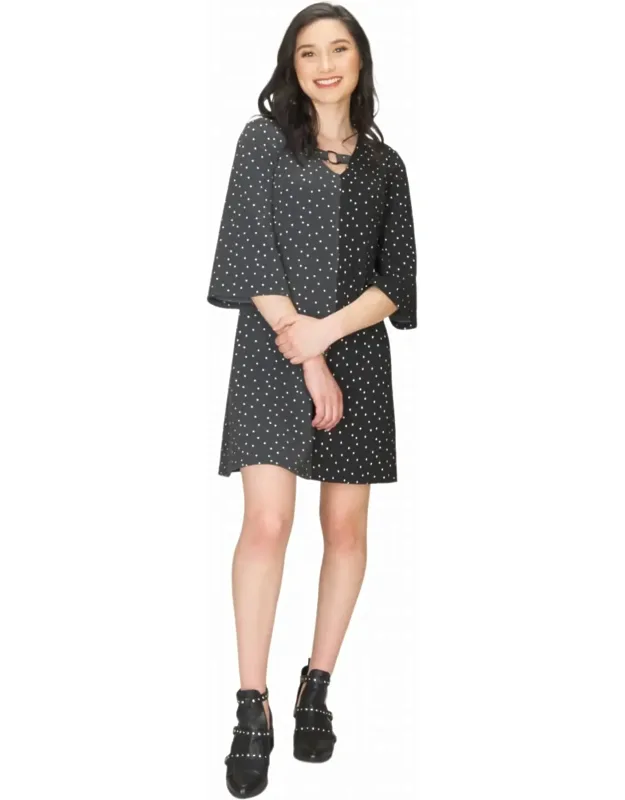 Polka Dot V Neck 3/4 Bell Sleeve Dress