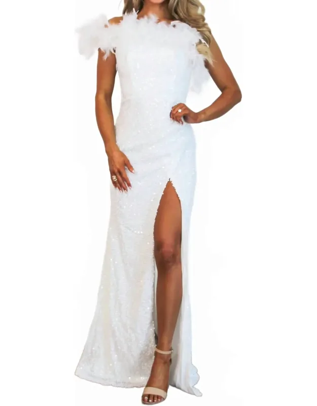 Midnight Sequin One Shoulder Feather Maxi Dress