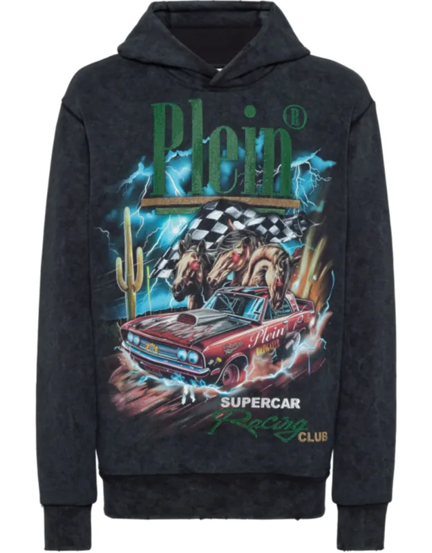 Hoodie Sweatshirt Ls Racing Club With Rhinestones And Two Slit Pockets