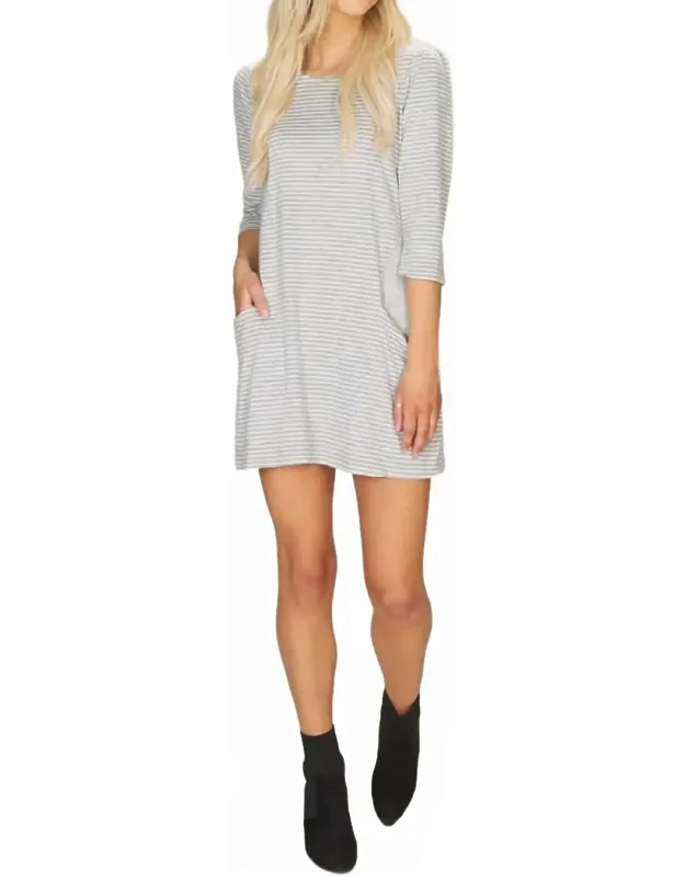 Striped Sweater Dress With Pockets And Solid Trim