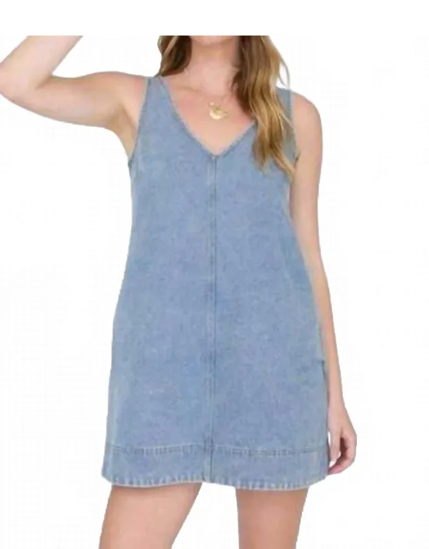 Washed Denim V Neck Sleeveless Mini Dress