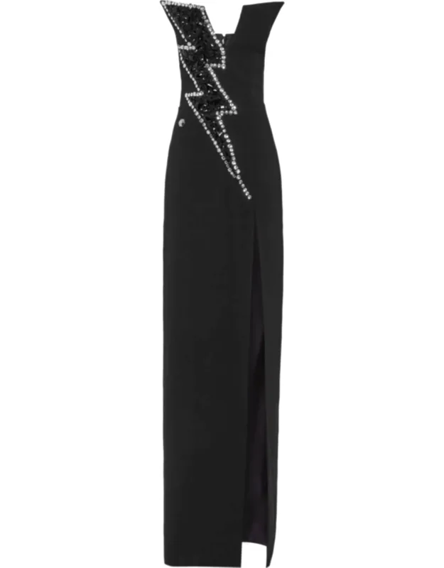 Long Dress With Rhinestone Lightning Bolt And Stretch Polyester Cady