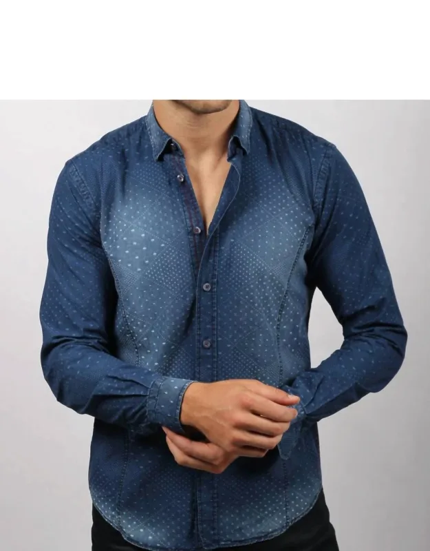 Pattern Jacquard Stone Wash Denim Button Down Shirt
