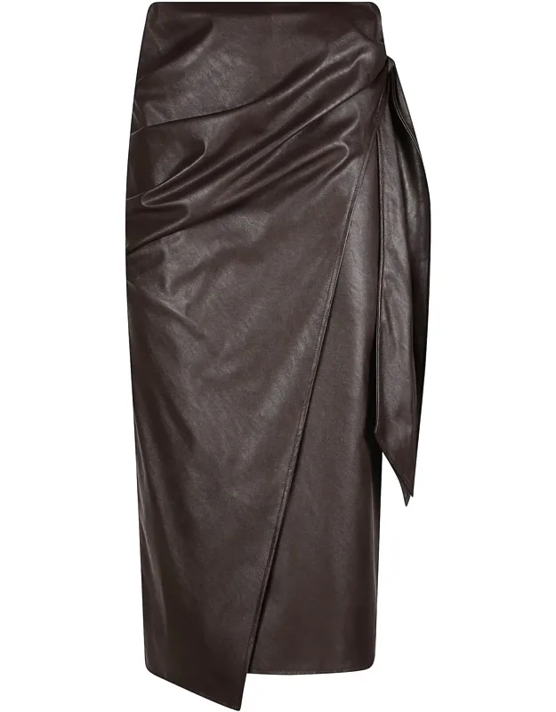 Wrap-style Midi Skirt With Faux Leather Finish And Asymmetrical Hemline