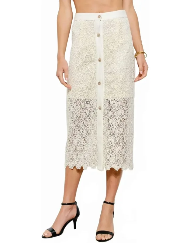 Floral Lace Button-front Midi Skirt