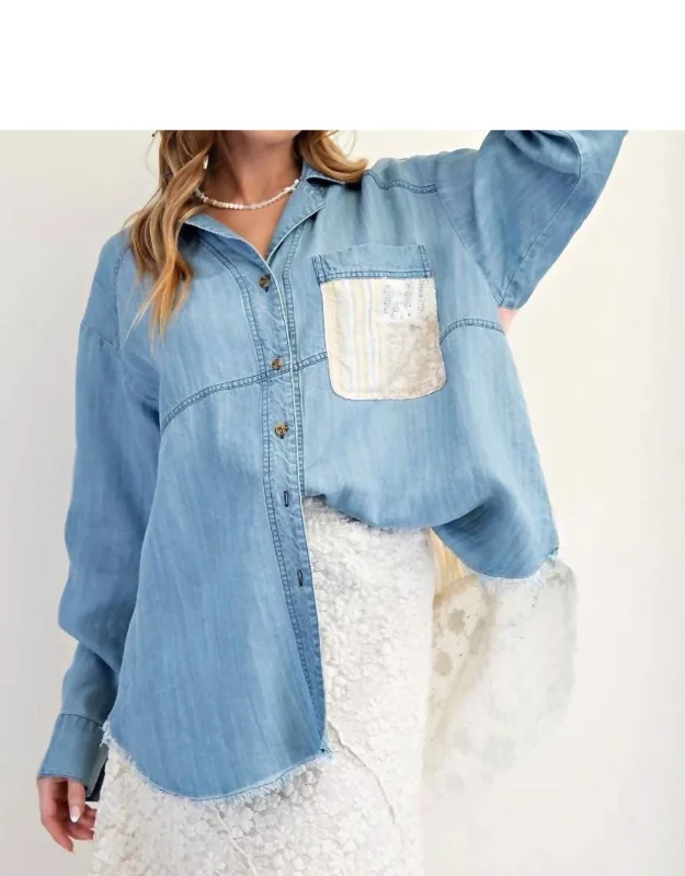 Mixed Patchwork Washed Chambray Button Down Shirt