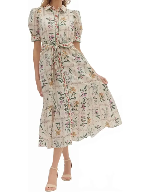 Amaya Floral Print Short Puff Sleeve Midi Dress