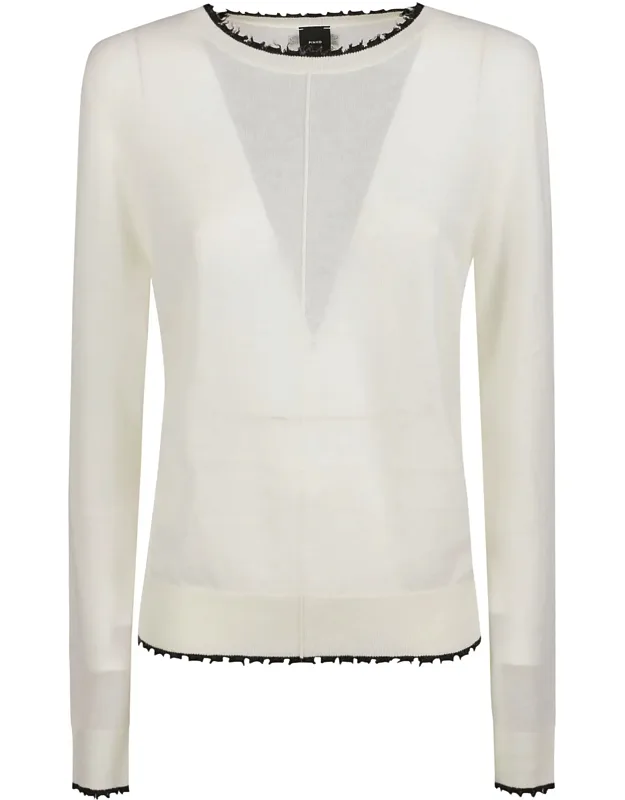 Round Neck Sweater With Sheer Panels And Trim
