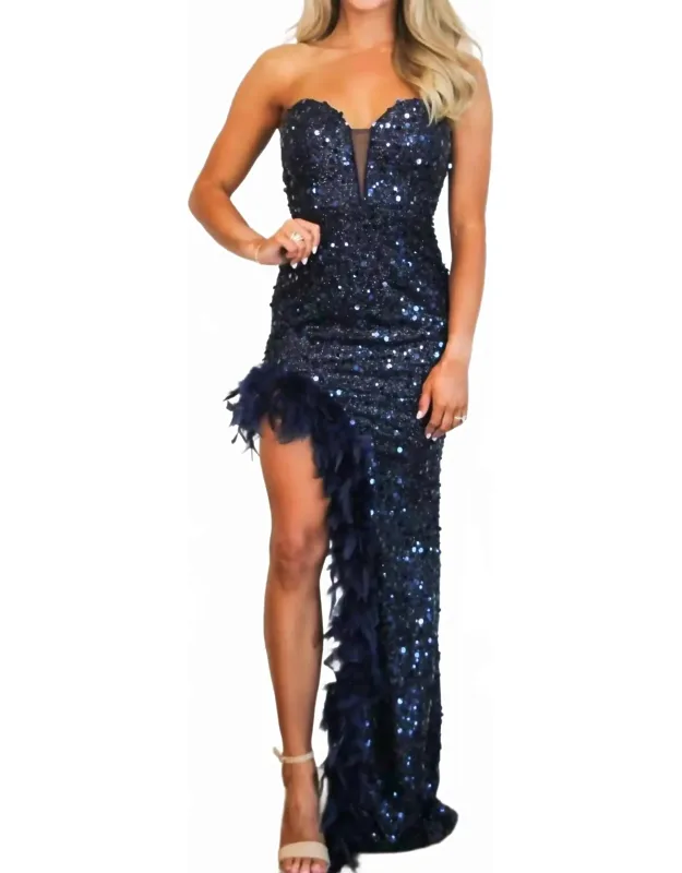 Dance Til Dawn Strapless Feather Sequin Maxi Dress