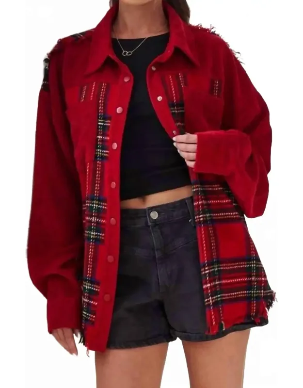 Frayed Corduroy Plaid Collared Jacket