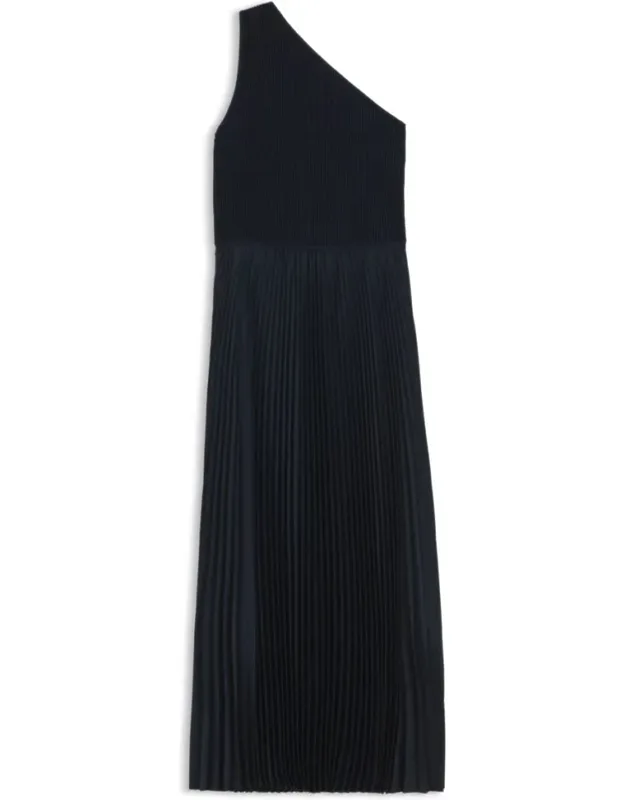 Rib-knit One-shoulder Dress With Pleated Skirt