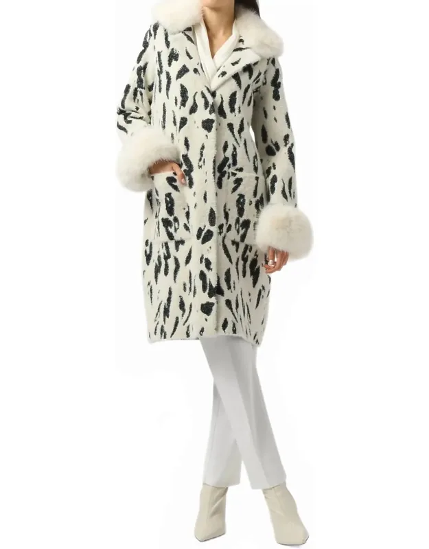 Fae Feather Yarn Animal Jacquard Coat With Faux Fur Trim