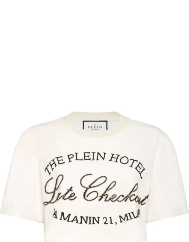 Cropped T-shirt Late Checkout With Rhinestone Appliqués And Rib Knit Neckline