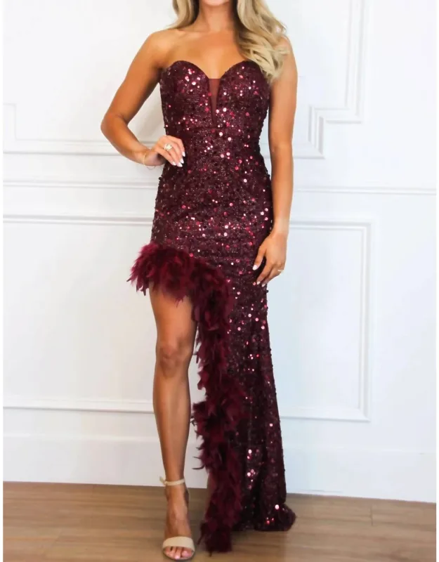 Dance Til Dawn Strapless Feather Sequin Maxi Dress