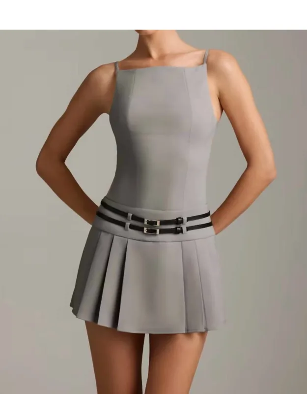 Belted Backless Pleated Mini Dress