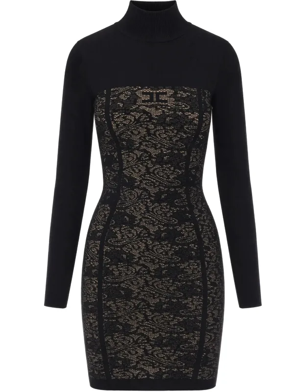 Lace Bodice High-neck Viscose-blend Mini Dress
