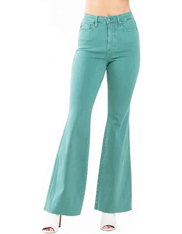 Tummy Control High Waist Flare Raw Hem Jeans