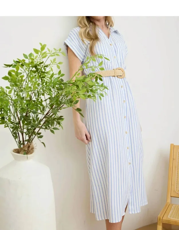 Stripe Button Down Belted Midi Dress