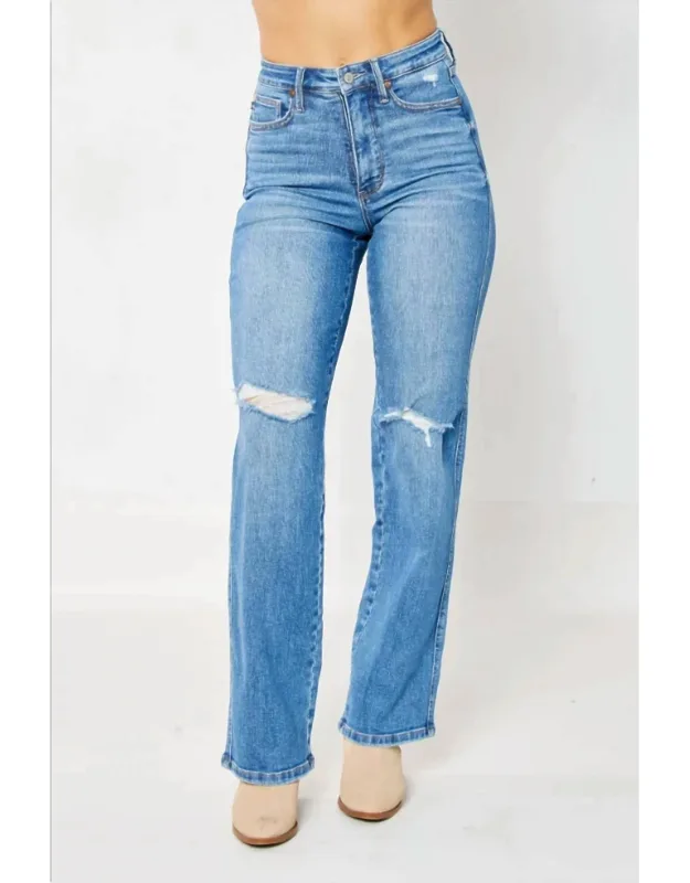 Tummy Control Destroy Knee Straight Denim Jeans