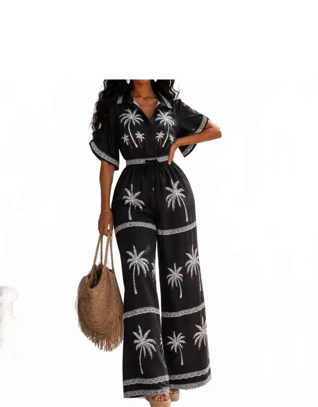 Palm Print Wide Leg Jumpsuit