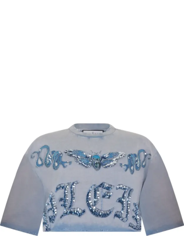 Cropped T-shirt With Rhinestones And Sequins