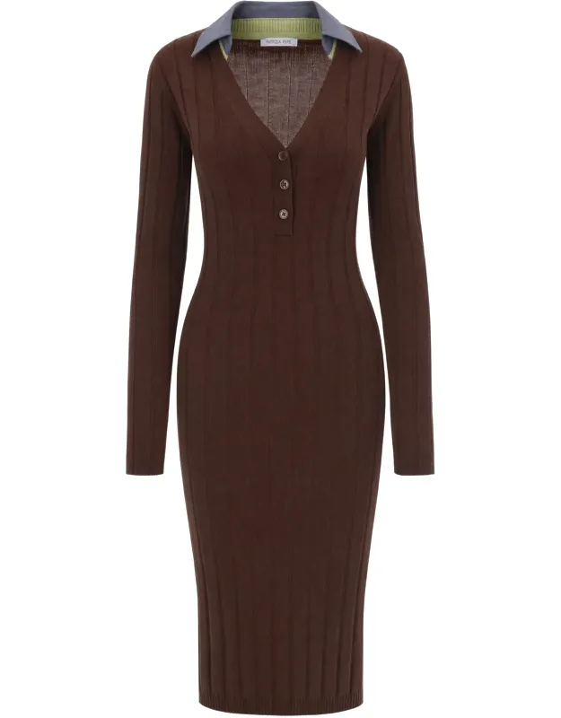 Fitted Midi Dress With Contrasting Ribbed Collar