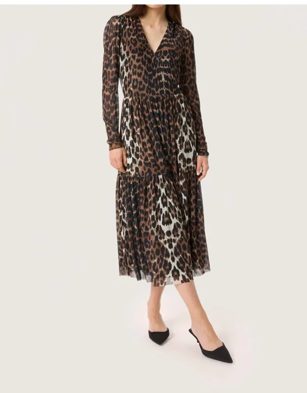 Valdora Long Sleeve Wrap Midi Dress In Leopard Pattern